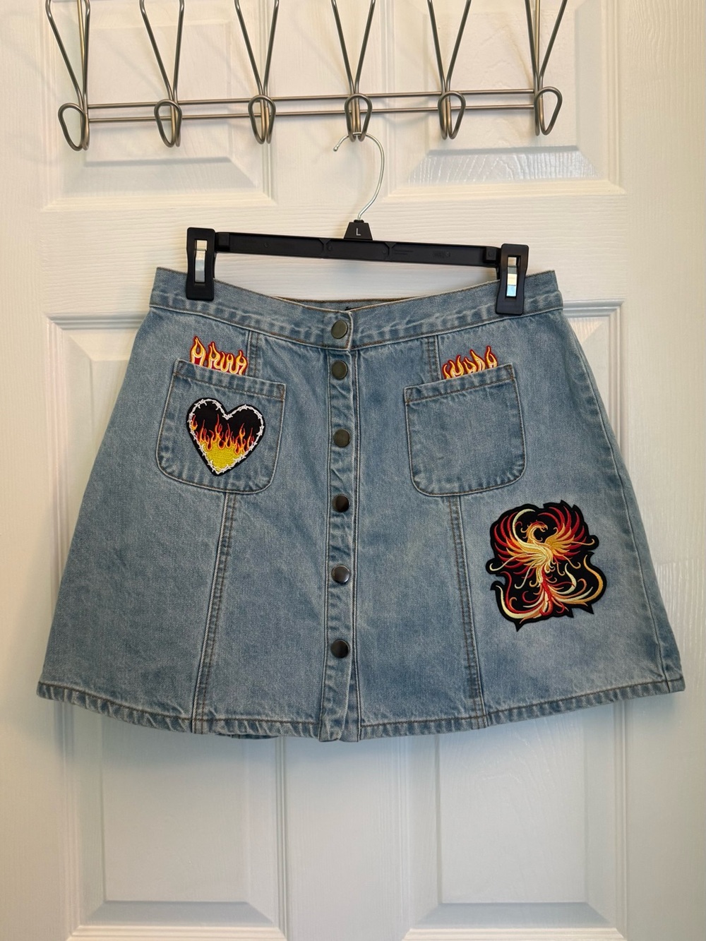 BDG Light Blue Denim A-Line Button-Front Skirt with Flame & Heart Patches